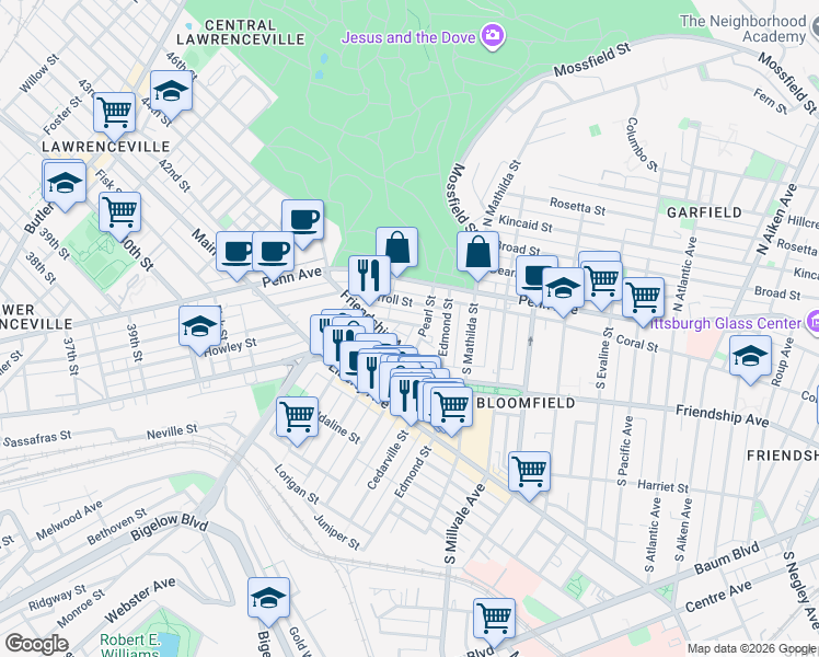 map of restaurants, bars, coffee shops, grocery stores, and more near 158 Pearl Street in Pittsburgh