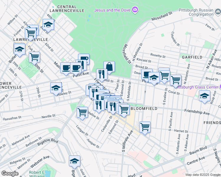map of restaurants, bars, coffee shops, grocery stores, and more near 4618 Friendship Avenue in Pittsburgh