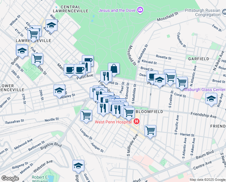 map of restaurants, bars, coffee shops, grocery stores, and more near 4618 Friendship Avenue in Pittsburgh