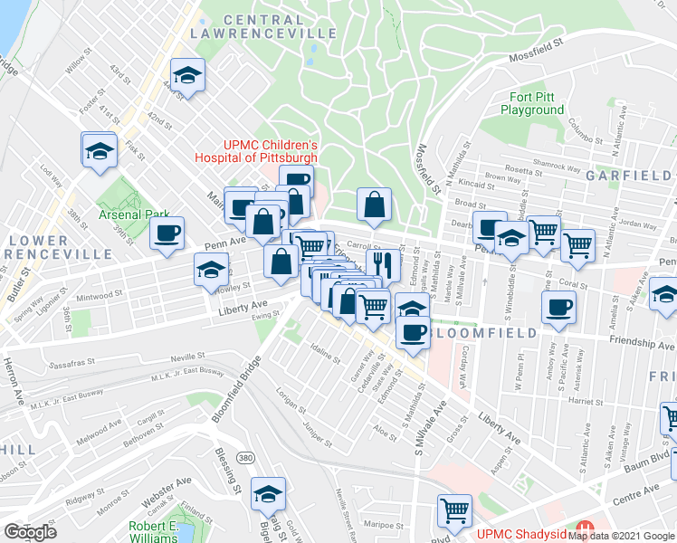 map of restaurants, bars, coffee shops, grocery stores, and more near 4668 Gangwish Street in Pittsburgh