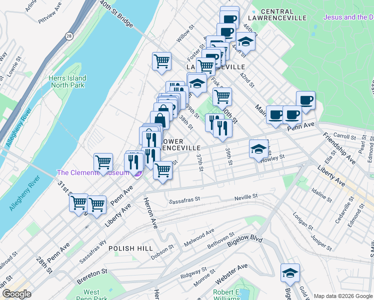 map of restaurants, bars, coffee shops, grocery stores, and more near 3600 Penn Avenue in Pittsburgh