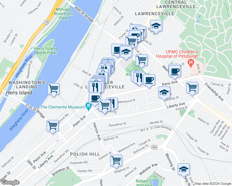 map of restaurants, bars, coffee shops, grocery stores, and more near 3600 Penn Avenue in Pittsburgh