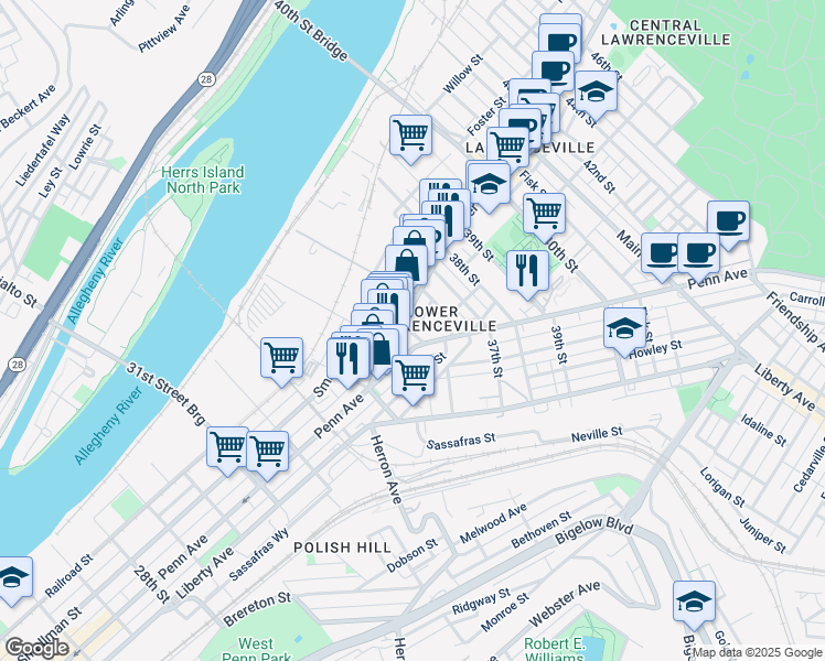 map of restaurants, bars, coffee shops, grocery stores, and more near 3502 Penn Avenue in Pittsburgh