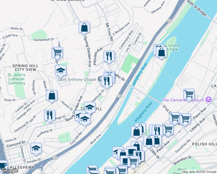 map of restaurants, bars, coffee shops, grocery stores, and more near 1635 Hatteras Street in Pittsburgh