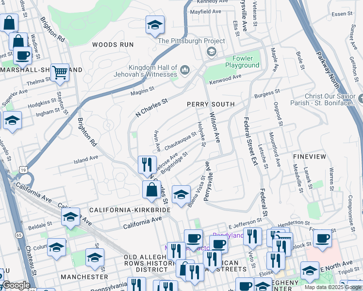 map of restaurants, bars, coffee shops, grocery stores, and more near 537 Chautauqua Street in Pittsburgh