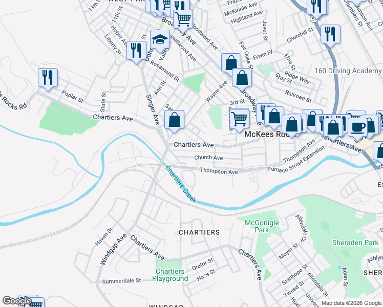 map of restaurants, bars, coffee shops, grocery stores, and more near 1245 Church Avenue in McKees Rocks