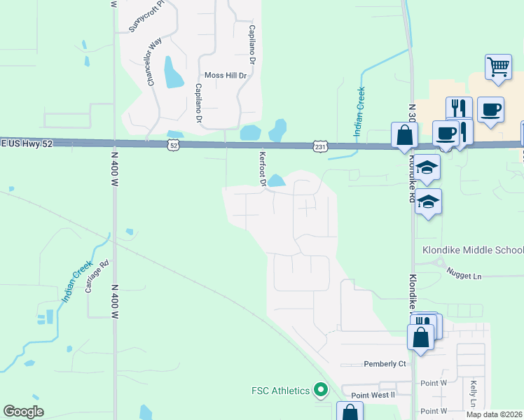 map of restaurants, bars, coffee shops, grocery stores, and more near 3511 Indian Creek Dr in West Lafayette