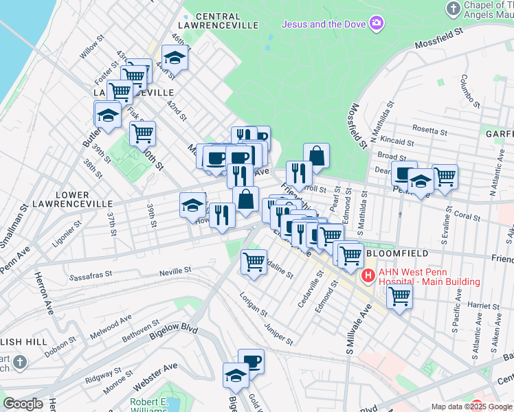 map of restaurants, bars, coffee shops, grocery stores, and more near in Pittsburgh