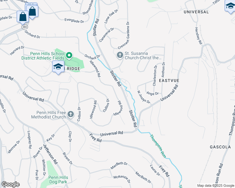 map of restaurants, bars, coffee shops, grocery stores, and more near 460 Idlewood Road in Penn Hills