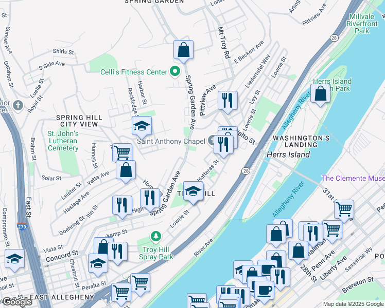 map of restaurants, bars, coffee shops, grocery stores, and more near 1501 Spring Garden Avenue in Pittsburgh