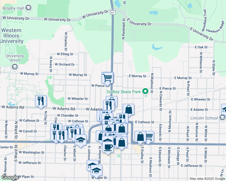 map of restaurants, bars, coffee shops, grocery stores, and more near 527 North Lafayette Street in Macomb
