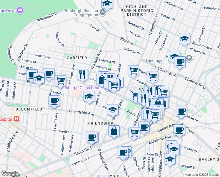 map of restaurants, bars, coffee shops, grocery stores, and more near 5491 Penn Avenue in Pittsburgh