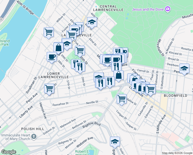 map of restaurants, bars, coffee shops, grocery stores, and more near 397 40th Street in Pittsburgh