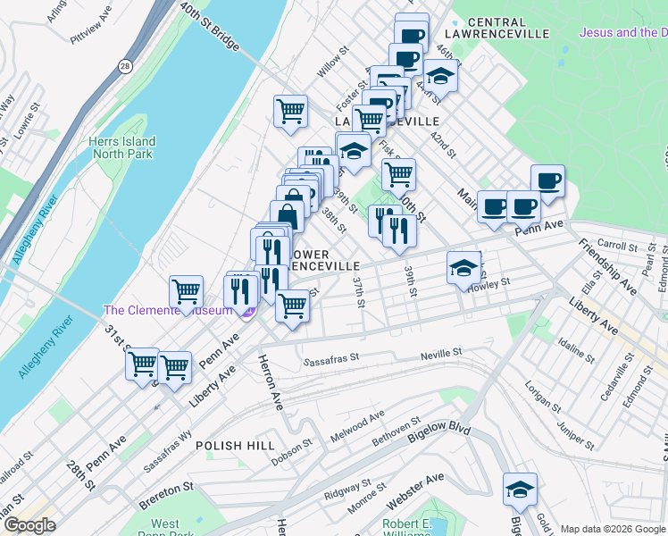 map of restaurants, bars, coffee shops, grocery stores, and more near 3600 Penn Avenue in Pittsburgh