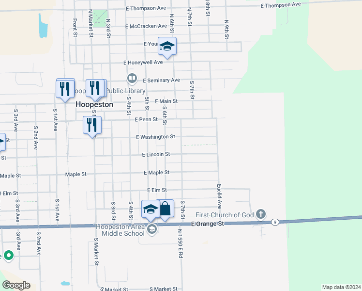 map of restaurants, bars, coffee shops, grocery stores, and more near South 7th Street in Hoopeston