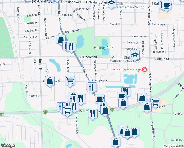 map of restaurants, bars, coffee shops, grocery stores, and more near 1027 McGregor Street in Bloomington