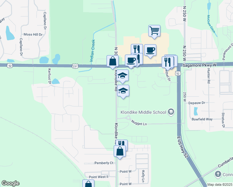 map of restaurants, bars, coffee shops, grocery stores, and more near 3307 Klondike Road in West Lafayette