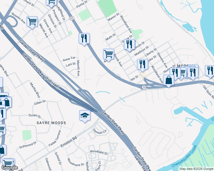 map of restaurants, bars, coffee shops, grocery stores, and more near 9 New Jersey 35 in South Amboy