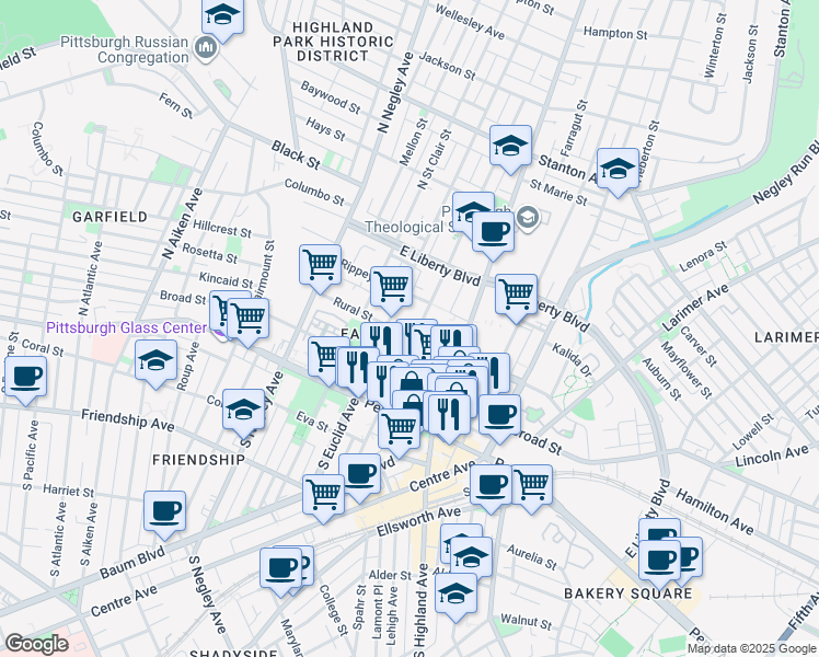 map of restaurants, bars, coffee shops, grocery stores, and more near in Pittsburgh