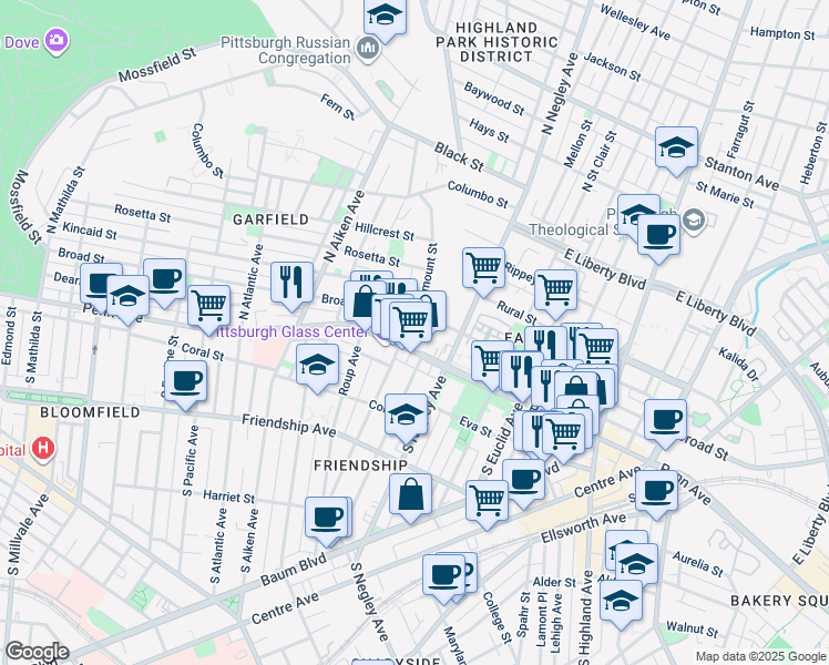map of restaurants, bars, coffee shops, grocery stores, and more near 5511 Dunkirk Street in Pittsburgh