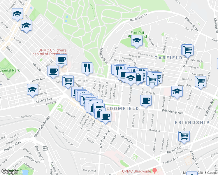 map of restaurants, bars, coffee shops, grocery stores, and more near 224 South Millvale Avenue in Pittsburgh