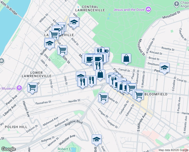 map of restaurants, bars, coffee shops, grocery stores, and more near 4072 Howley Street in Pittsburgh