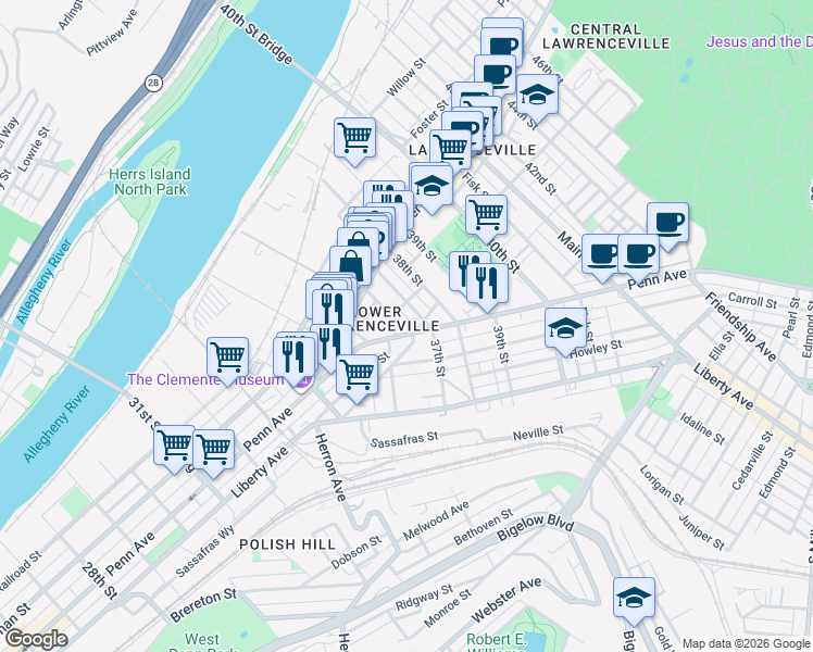 map of restaurants, bars, coffee shops, grocery stores, and more near 3600 Penn Avenue in Pittsburgh