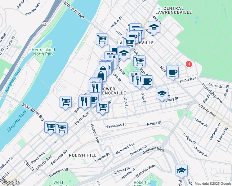 map of restaurants, bars, coffee shops, grocery stores, and more near 3600 Penn Avenue in Pittsburgh