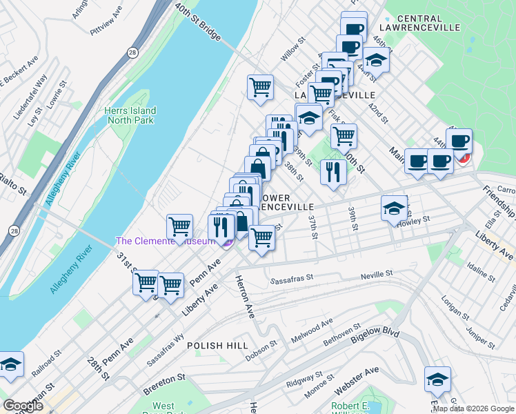 map of restaurants, bars, coffee shops, grocery stores, and more near 3502 Penn Avenue in Pittsburgh