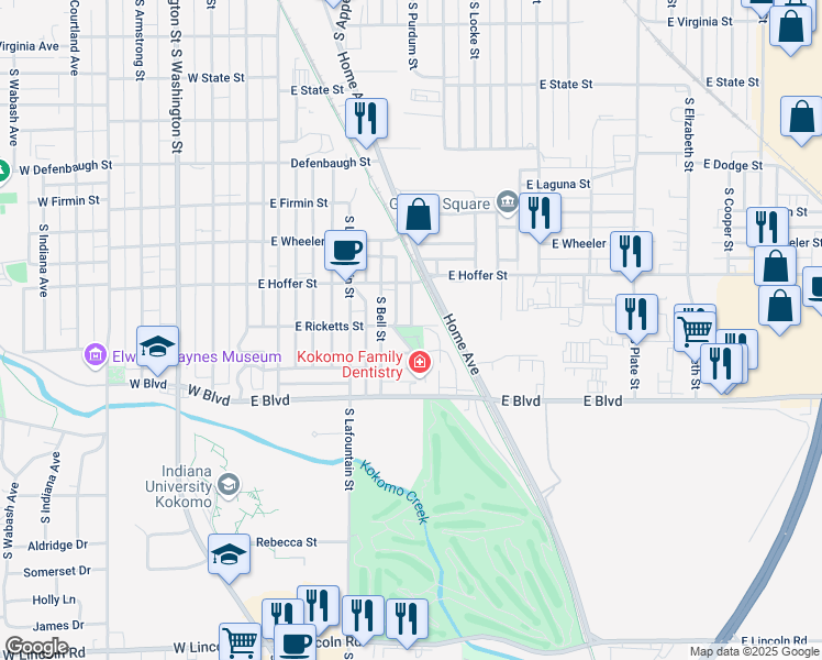 map of restaurants, bars, coffee shops, grocery stores, and more near 601-699 East Ricketts Street in Kokomo