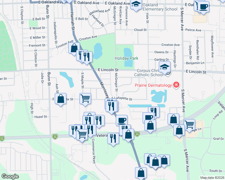 map of restaurants, bars, coffee shops, grocery stores, and more near 1027 McGregor Street in Bloomington