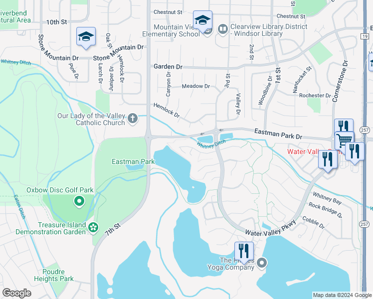 map of restaurants, bars, coffee shops, grocery stores, and more near 505 Pelican Cove in Windsor