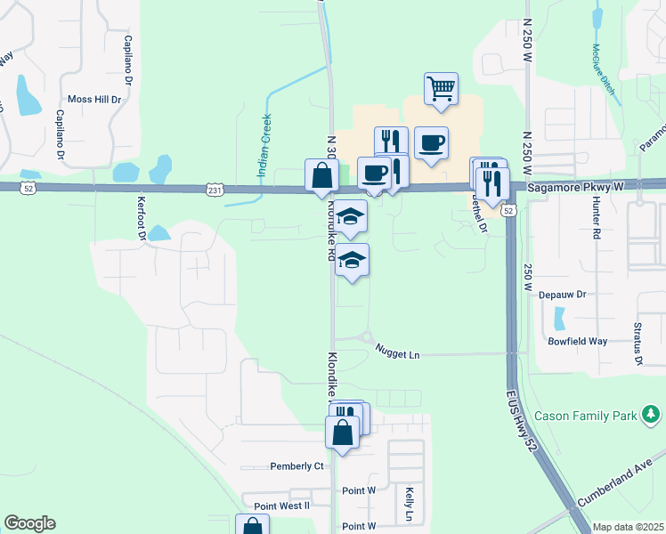 map of restaurants, bars, coffee shops, grocery stores, and more near 3311 Klondike Road in West Lafayette