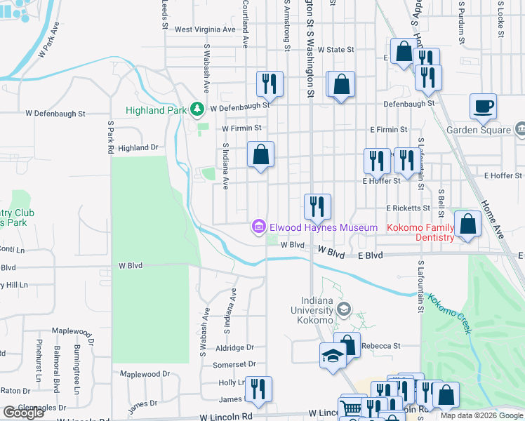 map of restaurants, bars, coffee shops, grocery stores, and more near 1916 South Webster Street in Kokomo