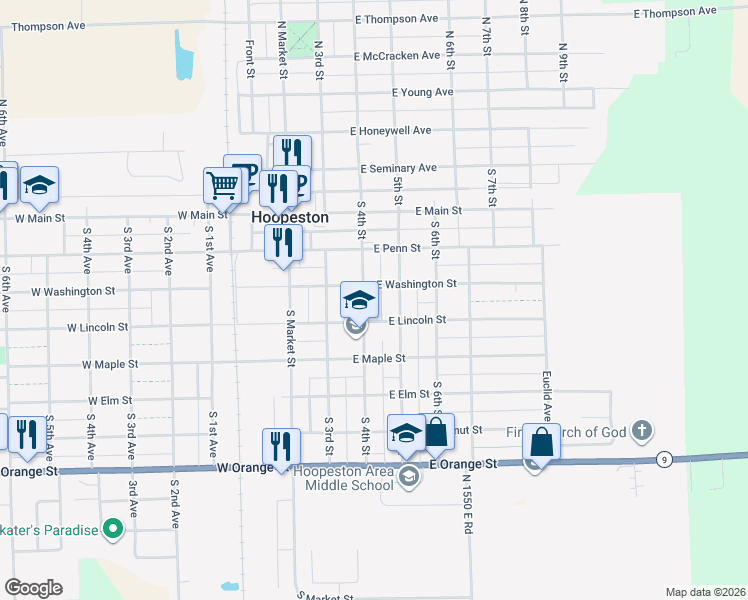 map of restaurants, bars, coffee shops, grocery stores, and more near 518 East Lincoln Street in Hoopeston
