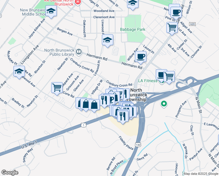 map of restaurants, bars, coffee shops, grocery stores, and more near 911 Village Drive East in North Brunswick