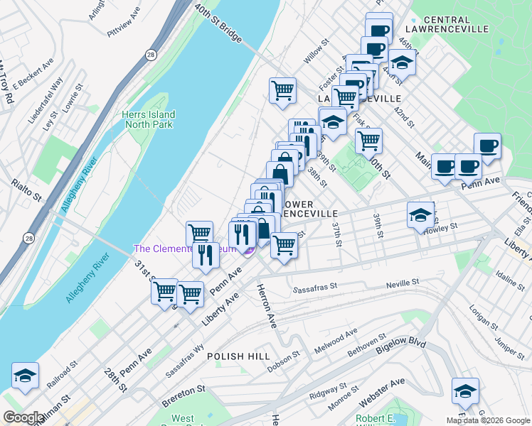 map of restaurants, bars, coffee shops, grocery stores, and more near in Pittsburgh
