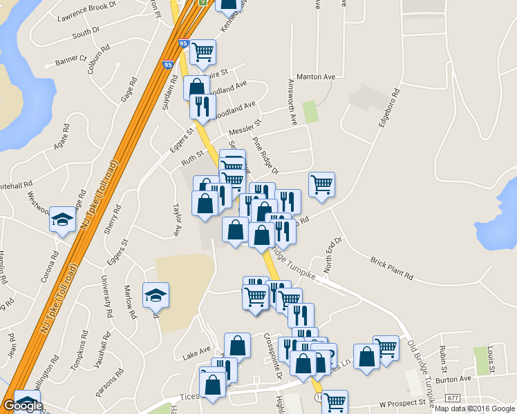 map of restaurants, bars, coffee shops, grocery stores, and more near 244 Highway 18 in East Brunswick