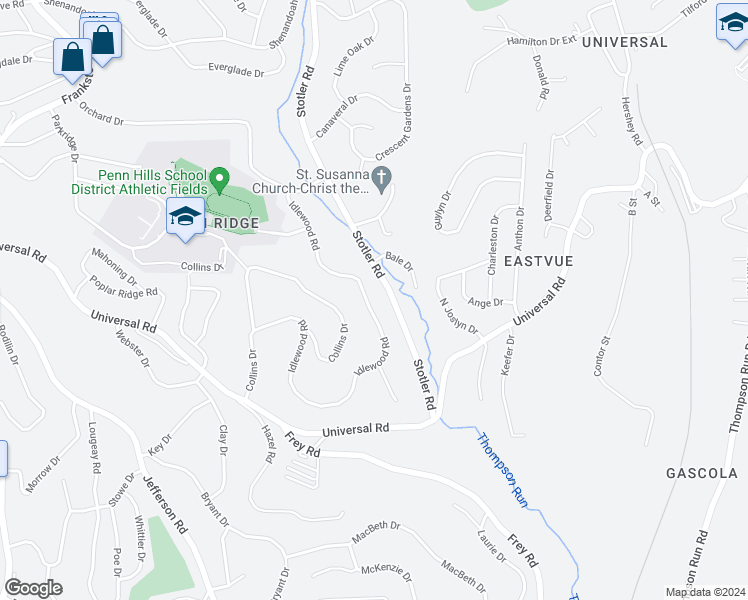 map of restaurants, bars, coffee shops, grocery stores, and more near 462 Idlewood Road in Pittsburgh