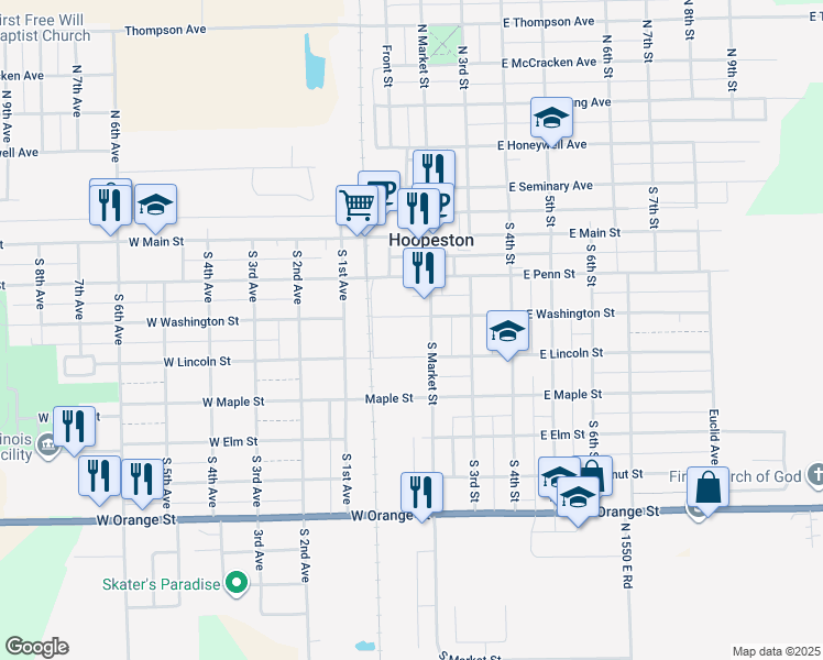 map of restaurants, bars, coffee shops, grocery stores, and more near 301 East Lincoln Street in Hoopeston