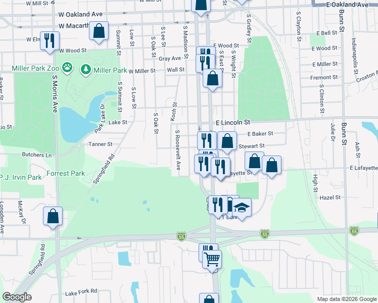map of restaurants, bars, coffee shops, grocery stores, and more near 1611 South Madison Street in Bloomington