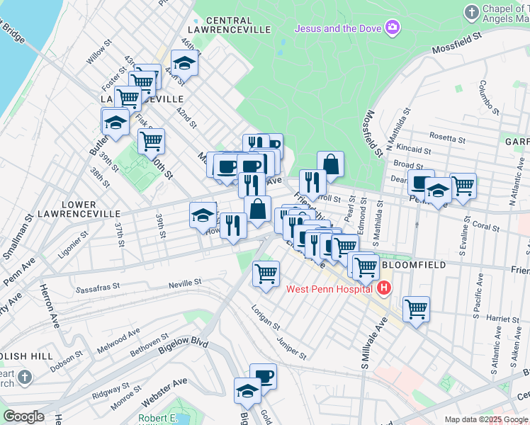 map of restaurants, bars, coffee shops, grocery stores, and more near in Pittsburgh