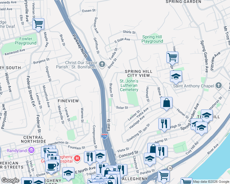 map of restaurants, bars, coffee shops, grocery stores, and more near 17 Solar Street in Pittsburgh