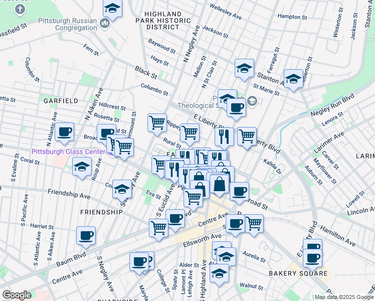 map of restaurants, bars, coffee shops, grocery stores, and more near 298 Penn Circle in Pittsburgh