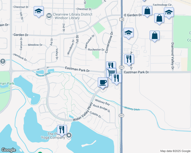 map of restaurants, bars, coffee shops, grocery stores, and more near 1357 Windjammer Drive in Windsor