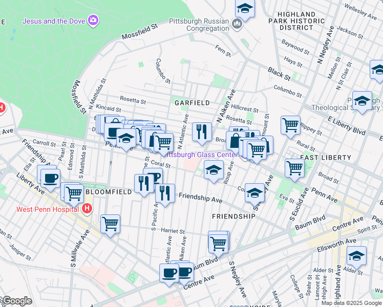 map of restaurants, bars, coffee shops, grocery stores, and more near 117 South Atlantic Avenue in Pittsburgh