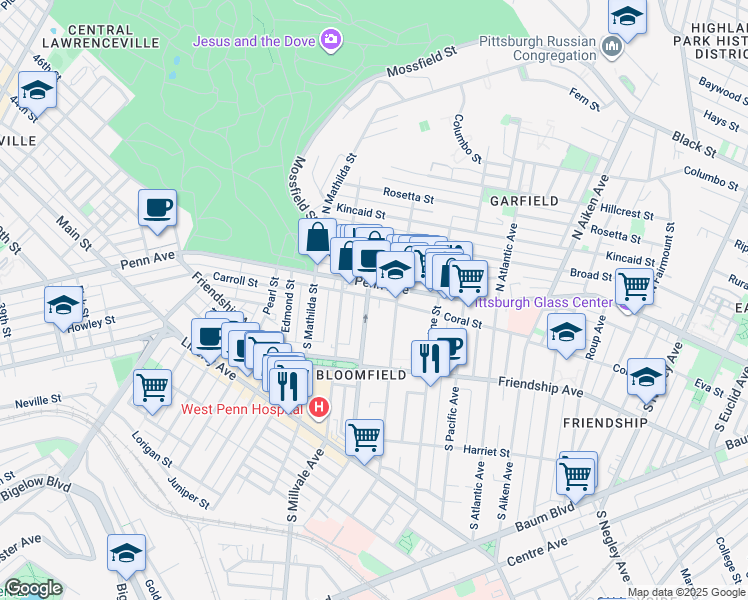 map of restaurants, bars, coffee shops, grocery stores, and more near 221 Gross Street in Pittsburgh