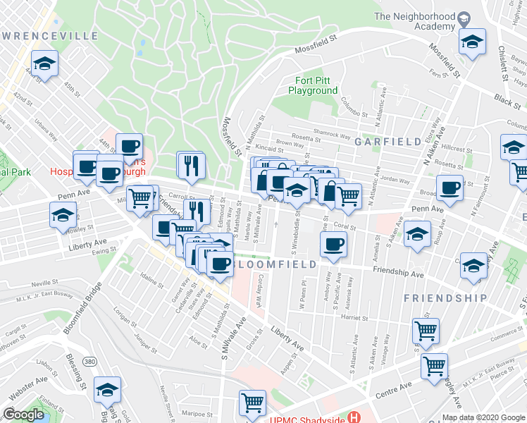 map of restaurants, bars, coffee shops, grocery stores, and more near 224 South Millvale Avenue in Pittsburgh
