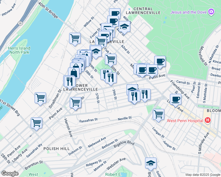 map of restaurants, bars, coffee shops, grocery stores, and more near 3819 Mintwood Street in Pittsburgh