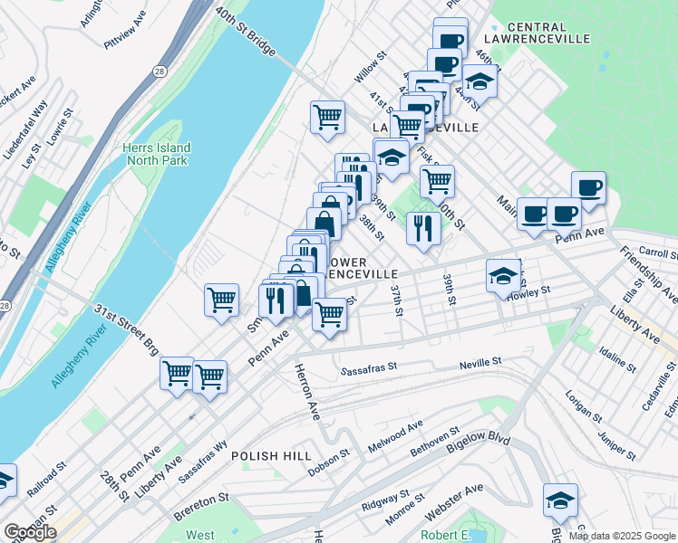 map of restaurants, bars, coffee shops, grocery stores, and more near 3502 Penn Avenue in Pittsburgh